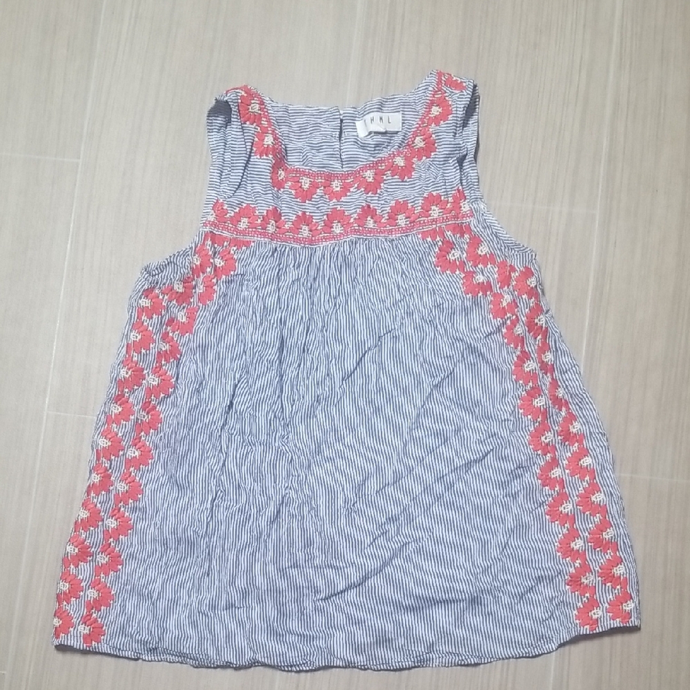 THML Blue and Coral Striped Embroidered Tank Top